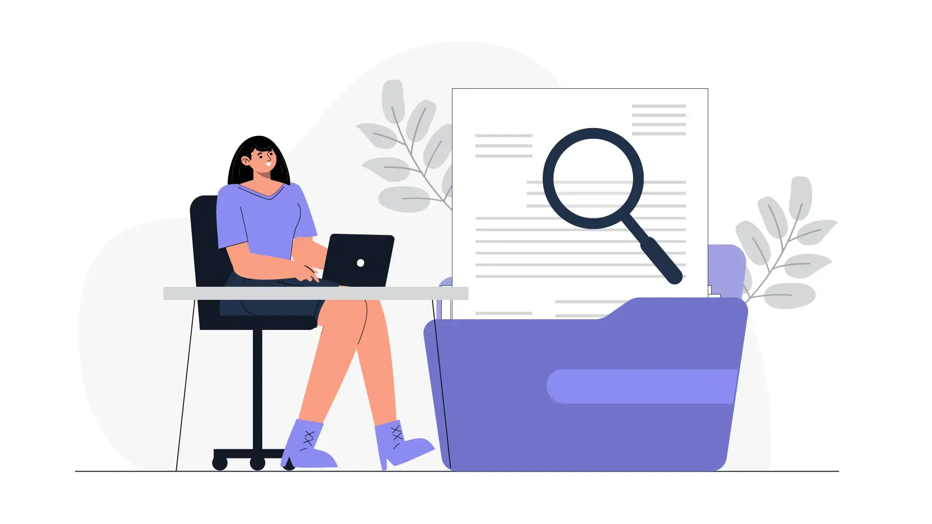 Female Character Reviewing Documents Flat Design Data Search Illustration